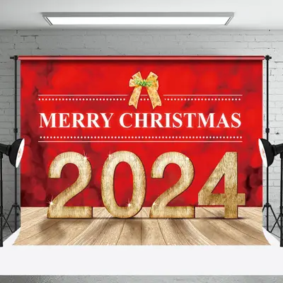 Hot Red Merry Christmas 2024 Gold Bow Holiday Backdrop