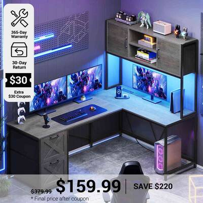 SEDETA 62.2 Inch L Shaped Gaming Desk with Drawers Fabric File Drawers and Power Outlet White Home Office Furniture
