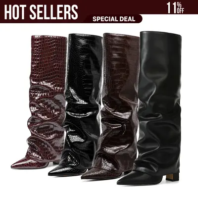 VIMISAOI Fold Over Boots for Women Knee High Boots Block High Heel Almond Pointed Toe Boots Pull-on Wide Calf Summer Boots Fo...