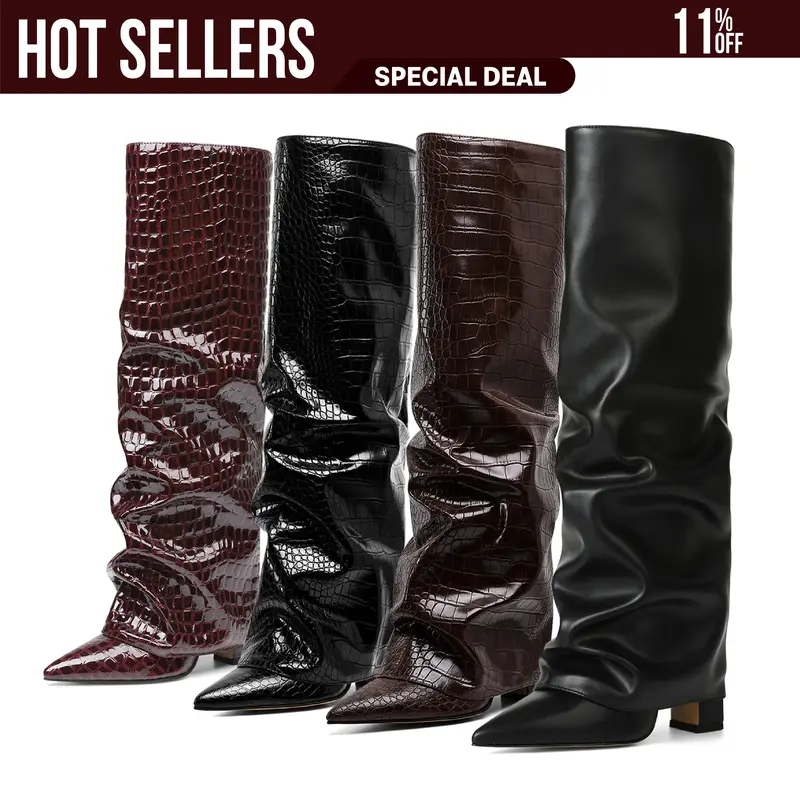 VIMISAOI Fold Over Boots for Women Knee High Boots Block High Heel Almond Pointed Toe Boots Pull-on Wide Calf Summer Boots Fo...