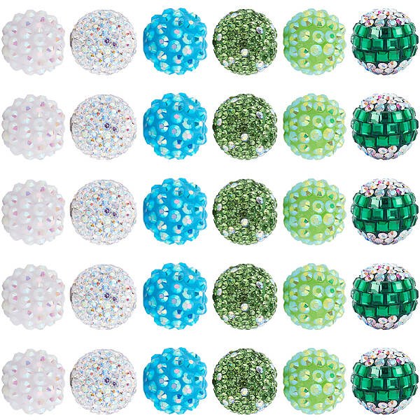 30Pcs 6 Style Polymer Clay Pave Rhinestone Beads