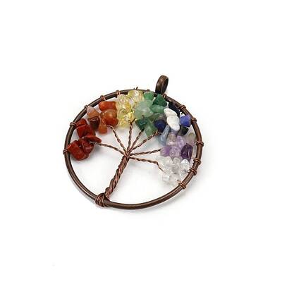 Tree of Life Natural & Synthetic Mixed Gemstone with Metal Wire Wrapped Pendants