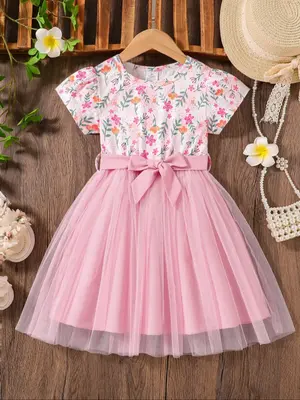 Girl's Floral Print Bow Decor Belted Dress, Casual A Line Dress for Summer, Kids Clothes for Daily Wear