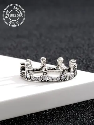 925 Sterling Silver Crown Design Ring, Inlaid Rhinestone, Classic Ring for Women & Girls, Vintage Jewelry for Party, Daily Cl...