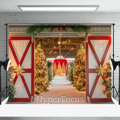 Wood Barn Door Xmas Trees Festive Christmas Backdrop - Aperturee
