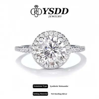 【#14 Classic】Round Halo Synthetic Moissanite Ring in 925 Sterling Silver for Women 0.5-2carat D Color VVS1 Clarity Synthe...