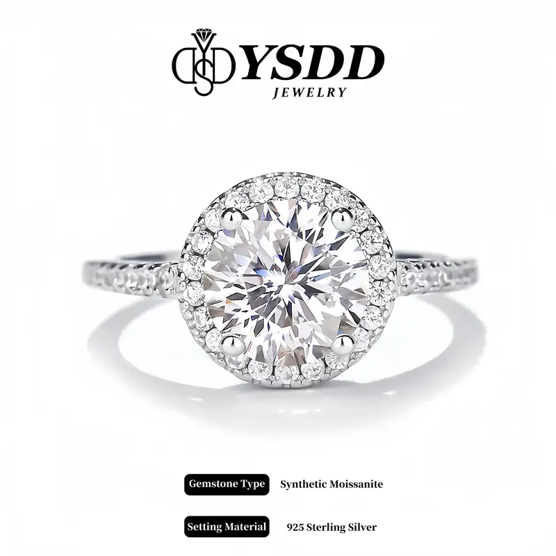 【#14 Classic】Round Halo Synthetic Moissanite Ring in 925 Sterling Silver for Women 0.5-2carat D Color VVS1 Clarity Synthe...