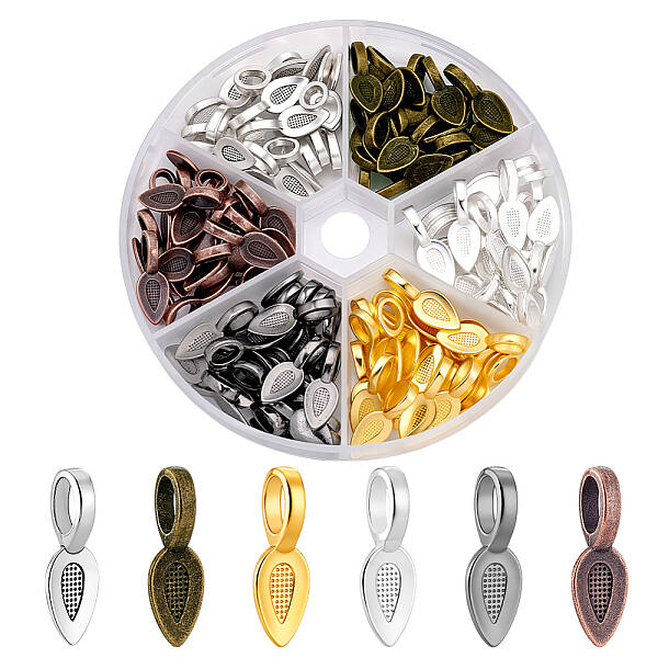 120pcs 6 Colors Tibetan Style Alloy Glue-on Flat Pad Bails Leaf Bails Pendants Charms Connector Hanger for Jewelry Making