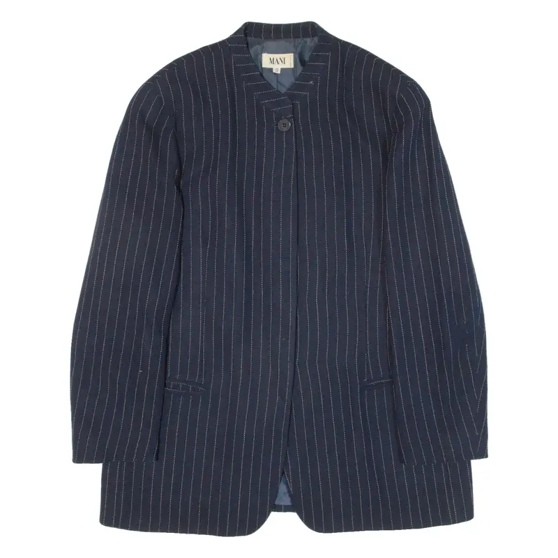 MANI Womens Blazer Jacket Blue Knit Wool 90s Pinstripe L
