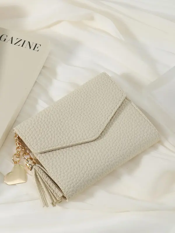 Women's Minimalist Casual Plain Trifold Wallet, Tassel & Heart Charm Card Holder, Trendy Short Wallet for Daily Used
