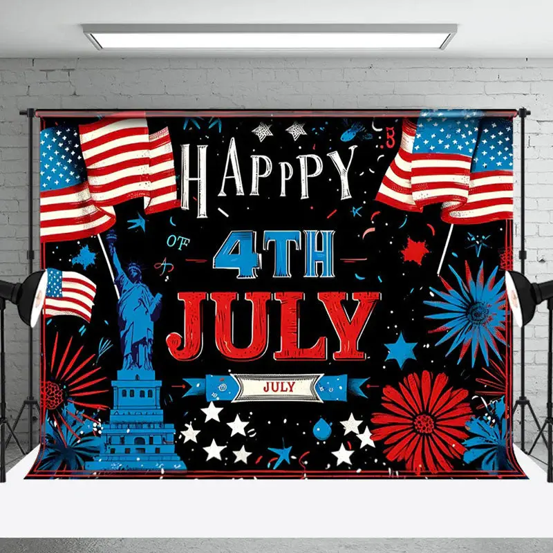 Usa Flag Statue Floral Black Happy 4th July Backdrop - Aperturee