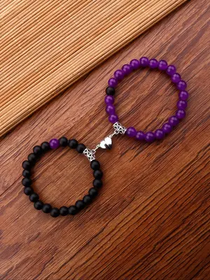 2pcs/set Fashion Magnet Heart Charm Beaded Couple Bracelets for Boyfriend and Girlfriend, Colorblock Casual Matching Bracelet...