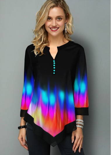 Modlily Black Patchwork Ombre 3/4 Sleeve Split Neck Blouse - XS