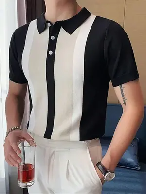 Men's Colorblock Buttons Short Sleeve Polo Knit Top, Summer Clothes, Regular Fit Casual Fashion Collared Knit Top for Summ...