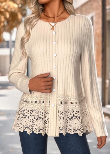 Modlily Beige Tummy Coverage Long Sleeve Round Neck T Shirt - L