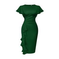 OYV Women's Vintage Elegant Church Ruffle Sleeve Ruched Bodycon Work Midi Pencil Dress