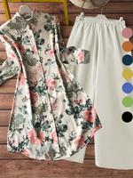 Two-piece Set Women's All Over Floral Print Button Shirt & Wide Leg Loose Pants, Casual Longsleeves Collared Top & Trouse...