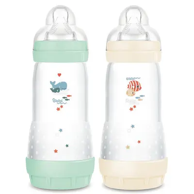 MAM Easy Start anti-colic bottle 4 months+ - Fast flow - Whale mint + Fish cotton Pack of 2 x 320 ml