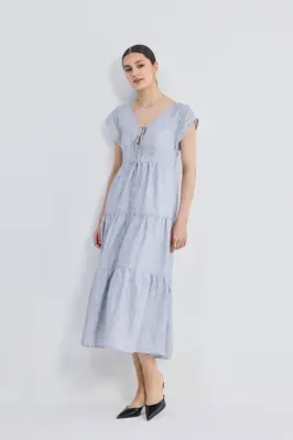 Gathered Tiered Dress with Front-ties - Linen stripes | Color: Pin striped Linen | Size: XL