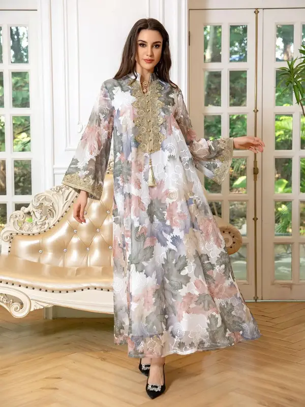 Women's Floral Embroidery Long Sleeve Abaya, Elegant Modest Maxi Muslim Dress for Party Daily Wear, Women's Islamic Clothing ...