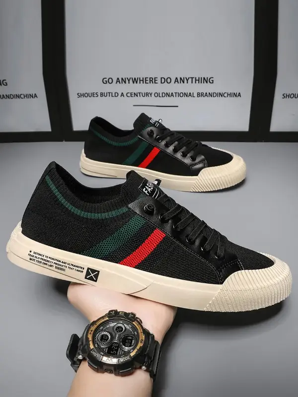 Men's Street Style Striped Low Top Slip-on Skate Sneakers, Casual Comfortable Trendy Skate Shoes, Fashionable Athletic Runnin...