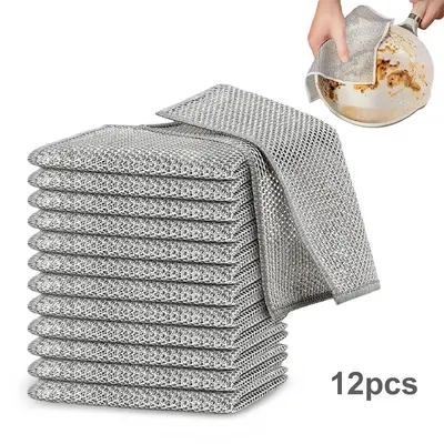 12PCS Multipurpose Wire Dishwashing Rags, Double-Layer Dishwashing Cloth, 1 Dozen Rags for Wet and Dry, 2025 New Multifunctio...