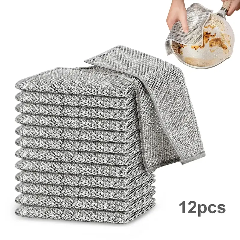12PCS Multipurpose Wire Dishwashing Rags, Double-Layer Dishwashing Cloth, 1 Dozen Rags for Wet and Dry, 2025 New Multifunctio...