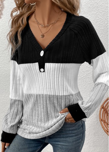 Modlily Black Patchwork Long Sleeve V Neck T Shirt - M