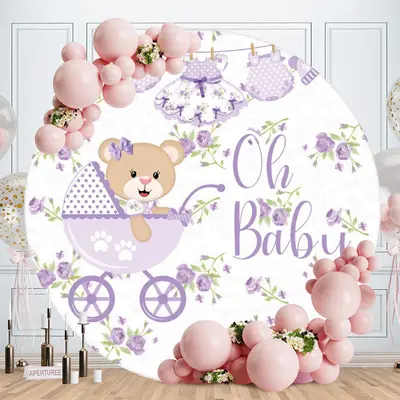Aperturee Oh Baby Purple Bear Round Baby Shower Backdrop