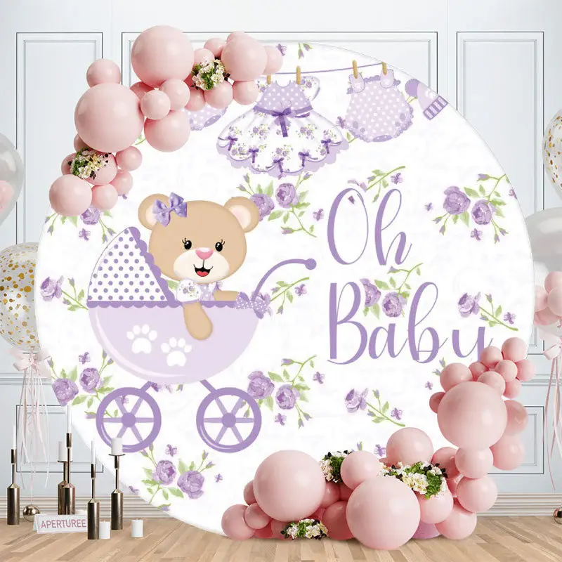 Aperturee Oh Baby Purple Bear Round Baby Shower Backdrop