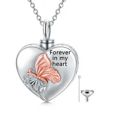 Sterling Silver Two-tone Butterfly & Flower Urn Necklace for Ashes