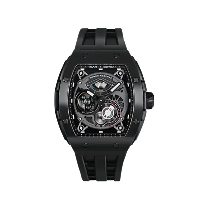 TSAR BOMBA Men's Automatic Watch | Black | The Elemental TB8210CF | 316L Stainless Steel Bezel | Luxury Skeleton Mechanical W...