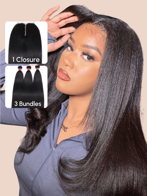 UNice Hair Closure And Bundles 3 Pcs/pack Yaki Virgin Human Hair