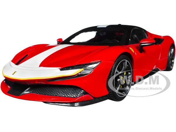 Ferrari SF90 Stradale Assetto Fiorano Red with White Stripes Signature Series 1/18 Diecast Model Car by Bburago