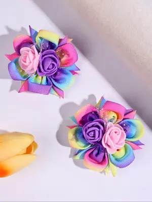 Rainbow Gradient Flower Ribbon Hair Clip, Cute Hair Accessories for Girls, Fashion Hair Accessories for Party, Daily Clothing...