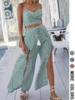 Two-piece Set Women's Ditsy Floral Print Crop Cami Top & Split Thigh Pants, Bohemian Boho Sleeveless Top & Trousers for Beach...