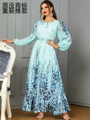 Women's Floral Print Belted A Line Dress, Modest Bishop Sleeve Round Neck Long Sleeve Dress for Spring & Fall, Women's Islami...