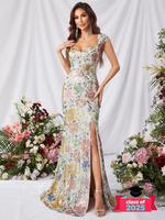Women's Floral Split Hem Sequins Mermaid Vintage Dress, Elegant Boho Chic Sleeveless Cap Sleeve Evening Party Gown, Summer Dr...
