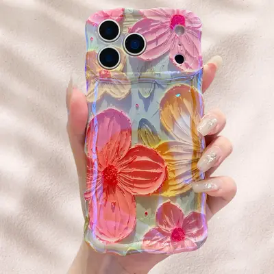 Laser Colorful Retro Oil Painting Flower Pattern for iPhone 17 Pro Max/17 Air 16 15 14 13 Pro Cute Curly Wave Frame Exquisite...