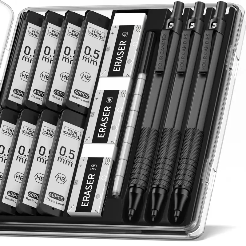 Four Candies 0.5mm Mechanical Pencil Set with Case, 3PCS Metal Artist Lead Pencil with 8 Tubes (480PCS) HB Lead Refills, 3 Er...