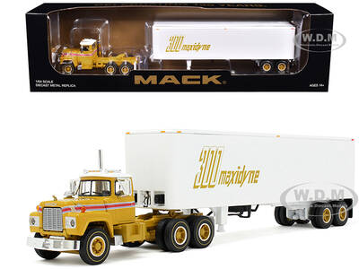 Mack R-Model Day Cab and 40 Vintage Trailer Yellow with Red Stripes and White Top \