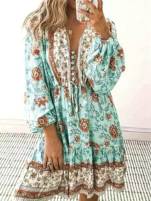 Women's Ethnic Floral Pattern Button Front Ruffle Hem Dress, Casual Boho Fashion Bishop Sleeve Tie Front V Neck A Line Short ...