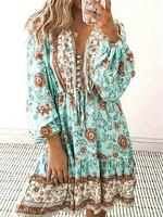 Women's Ethnic Floral Pattern Button Front Ruffle Hem Dress, Casual Boho Fashion Bishop Sleeve Tie Front V Neck A Line Short ...