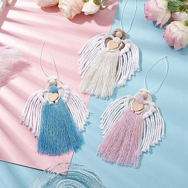 3Pcs 3 Colors Handmade Macrame Cotton Angel Hanging Ornaments