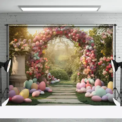 Colored Eggs Flower Arch Door Grass Easter Backdrop - Aperturee