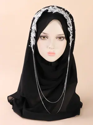 Faux Pearls Decor Long Khimar, Elegant Leaf Embroidery Long Scarf for Women & Girls, Fashion Khimar for Party, Daily Clothing...