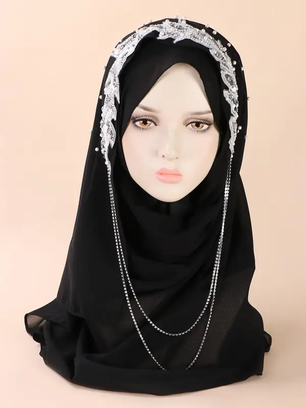 Faux Pearls Decor Long Khimar, Elegant Leaf Embroidery Long Scarf for Women & Girls, Fashion Khimar for Party, Daily Clothing...