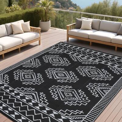 Garvee Outdoor Black & White 8x10 Plastic Straw Rug UV-Resistant Waterproof Lightweight Foldable Black White Patio Deck Beach...