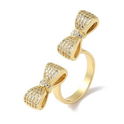 Bowknot Brass Micro Pave Clear Cubic Zirconia Open Cuff Rings for Women