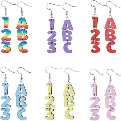 6 Sets 6 Colors Wood Dangle Earrings with Iron Pins